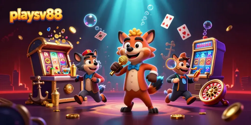 Playing exciting games at playsv88 casino, featuring vibrant hyenas and treasure.