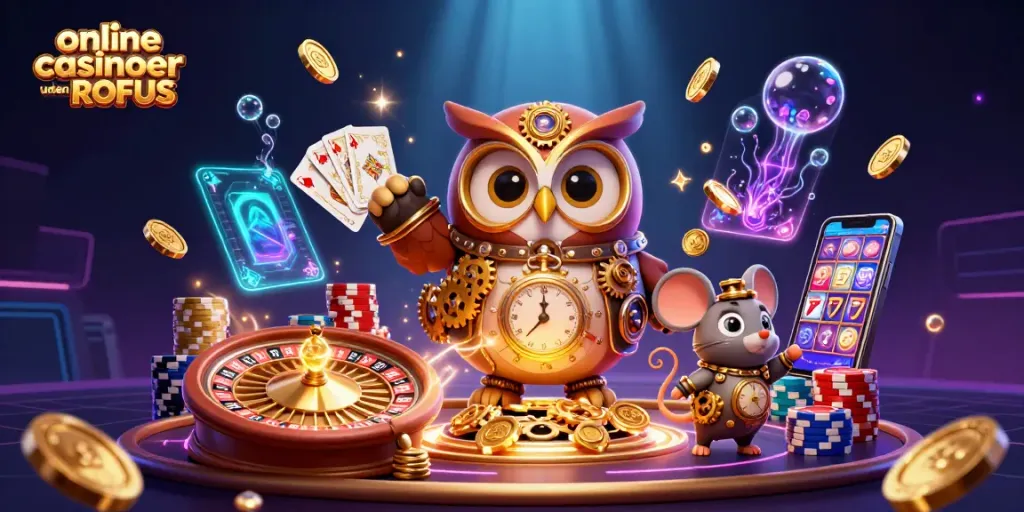 Engage with online casinoer uden ROFUS in a thrilling steampunk-themed 3D illustration of a time-traveler owl.