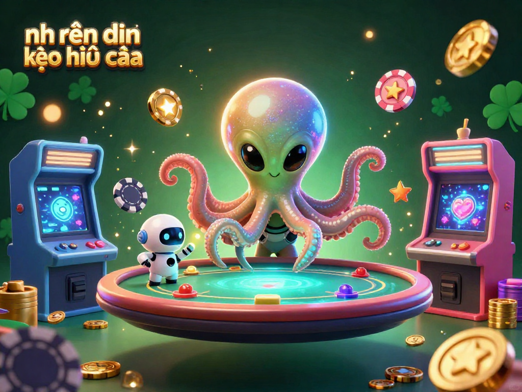 Engaging dynamics of nhận định kèo nhà cái with alien octopus at a poker table amidst arcade adventure.