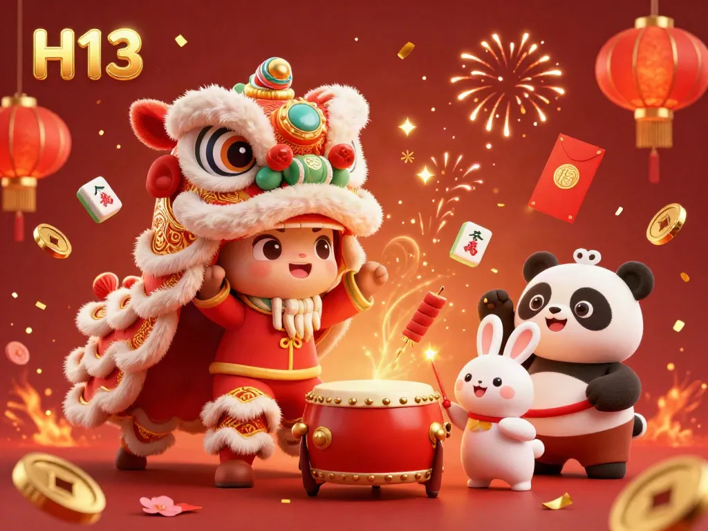 Experience thrilling moments of H13 with a lively lion dance scene, celebrating online gaming.