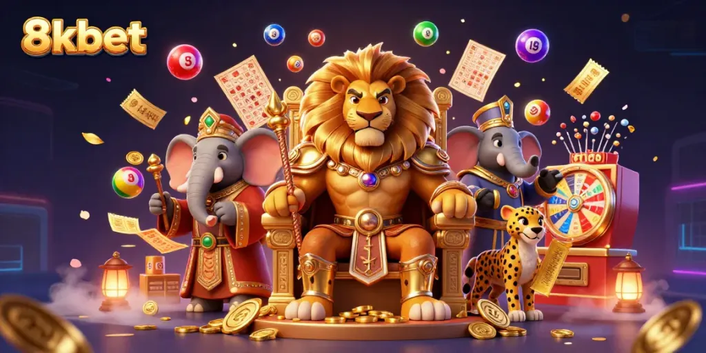 Experience the vibrant world of 8xbet with a fierce lion king and dynamic lottery elements.