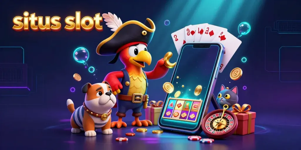 Engage with exciting situs slot gaming visuals featuring a cartoon pirate captain and vibrant game elements.