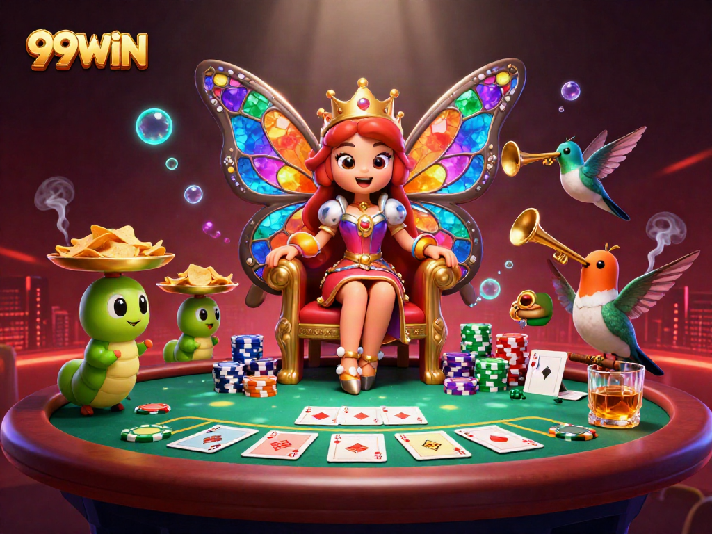 Experience high-stakes gambling action with 99WIN in this vibrant 3D illustration filled with poker elements.