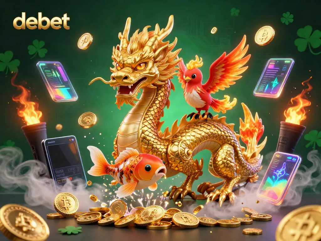 Experience debet's vibrant gaming atmosphere with a mythical dragon and radiant coins in an energetic casino scene.