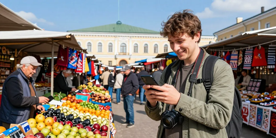 Reiziger die de app van https://payinrussia.com/ gebruikt in een levendige Russische markt, omringd door lokale verkopers.