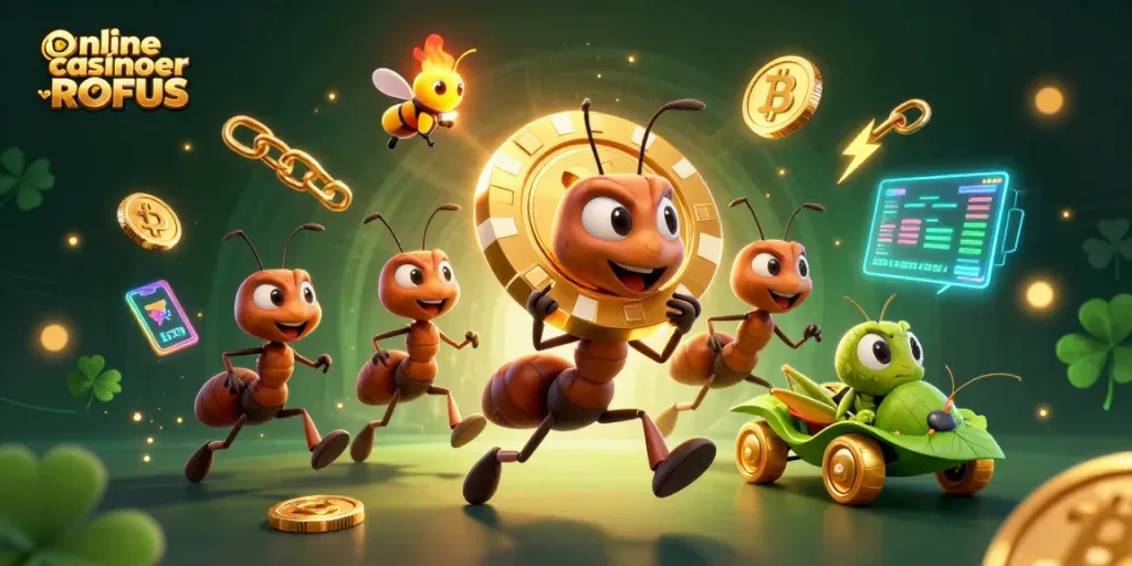 Watch ants escape with a massive golden poker chip at online casinoer uden ROFUS, amidst vibrant gaming elements.