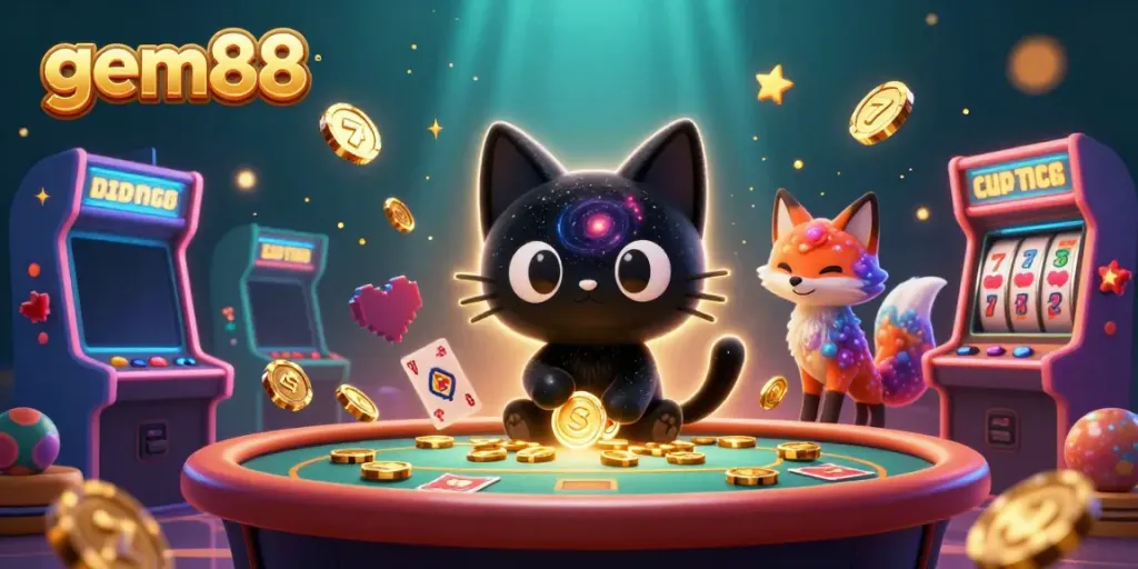 Experience the thrill of gem88 casino with a cosmic-themed 3D illustration featuring a black hole cat and vibrant game elements.