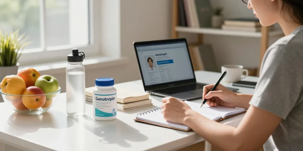 Focused individual researching Genotropin in a bright, healthy workspace with fruits and wellness books.