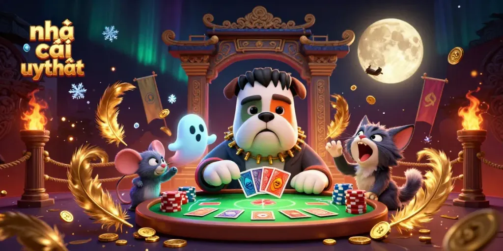 Engaging scene showcasing nhà cái uy tín with unique characters in a spooky casino setting.