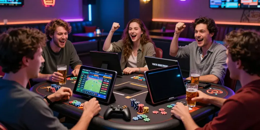 Exciting gaming scene at NET88's online betting lounge with friends cheering for live sports.