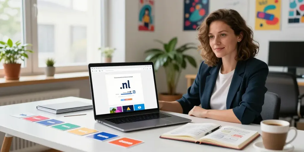 Een professionele werkruimte met een ondernemer die een .nl domein registreert, laptop geopend met een website-ontwikkelingsinterface.