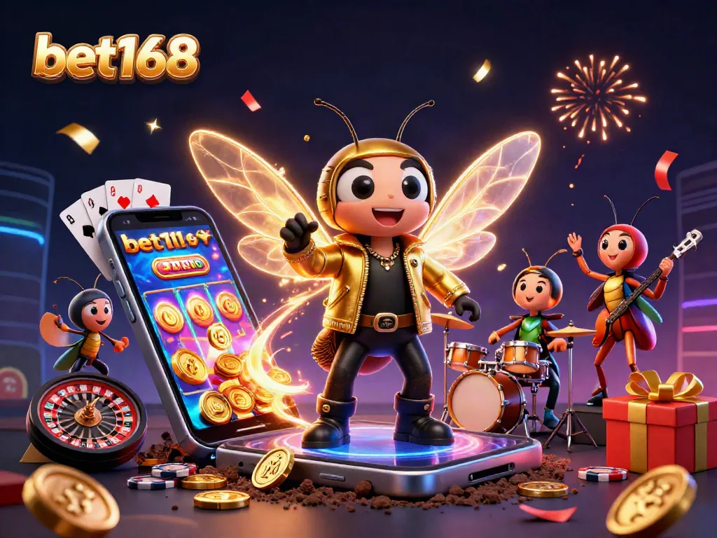 Experience exciting wins at bet168 with a vibrant 3D casino scene filled with colorful game elements.