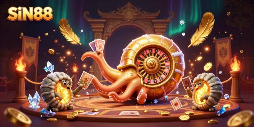 SIN88 captivates players in a magical casino scene featuring an ancient giant nautilus as a roulette wheel surrounded by glowing ammonites.
