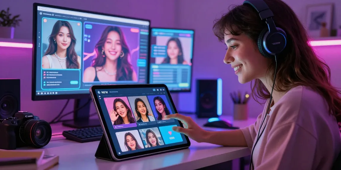 User engaging with an AI NSFW platform, customizing character personas with rich visuals and emotional depth in a vibrant, cozy tech setting.