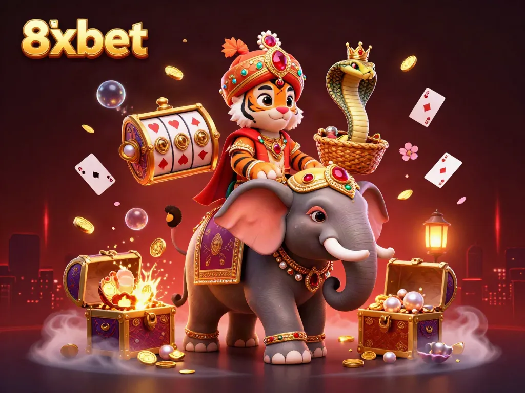 Experience excitement at 8xbet with a vibrant 3D scene showcasing a maharaja tiger, elephant, and cobra in a dynamic casino environment.