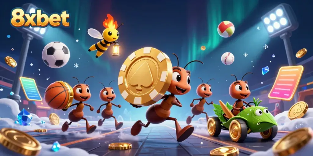 Engaging scene of 8xbet's cartoon ants heisting a giant poker chip, full of sports and casino elements.