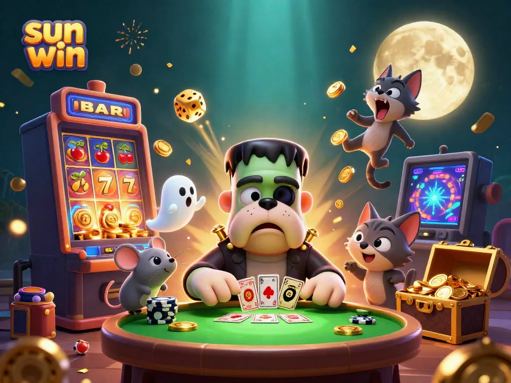 Engage in vibrant gameplay with sun win as a 3D cartoon Frankenstein bulldog deals cards amidst exciting casino elements.