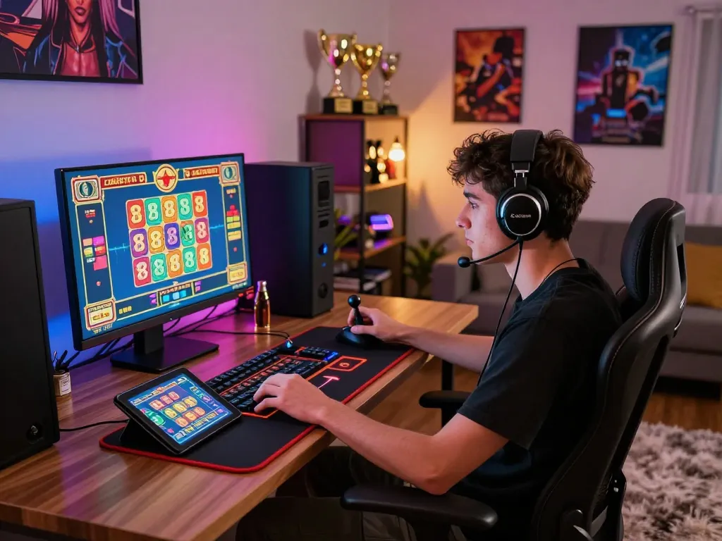 Engaged player enjoying Website Lucky88 online casino game in stylish home office.