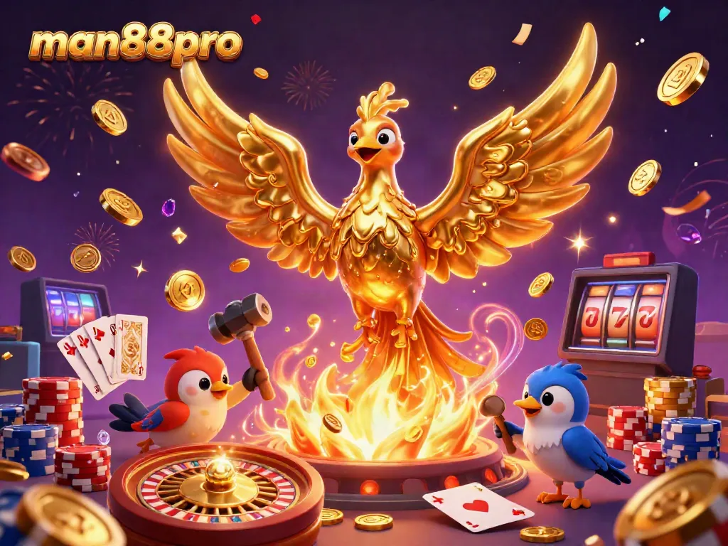 Experience thrilling gameplay at man88pro with a vibrant 3D casino illustration featuring an enchanting golden phoenix.