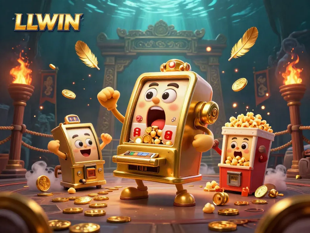 LLWIN's golden slot machine celebrates a jackpot amidst cheering baby slots and colorful casino elements.