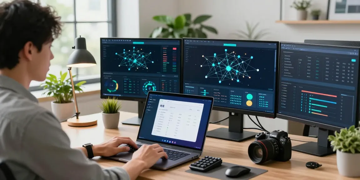 快连 app interface displayed on laptop in a modern tech workspace showcasing network performance and productivity.