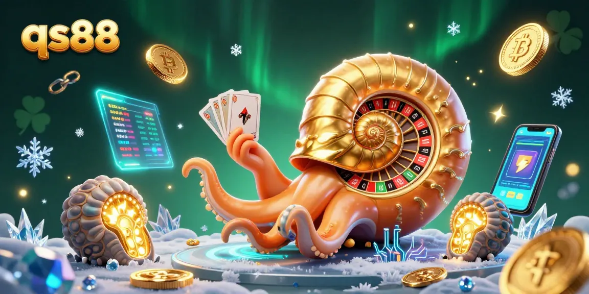 Engaging gaming scene showcasing qs88 with a giant nautilus roulette wheel and cryptocurrency elements in vibrant colors.