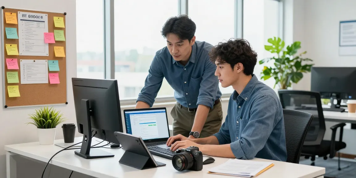 IT support small business technician assisting client with setup in a modern office environment, showcasing productivity and expertise.