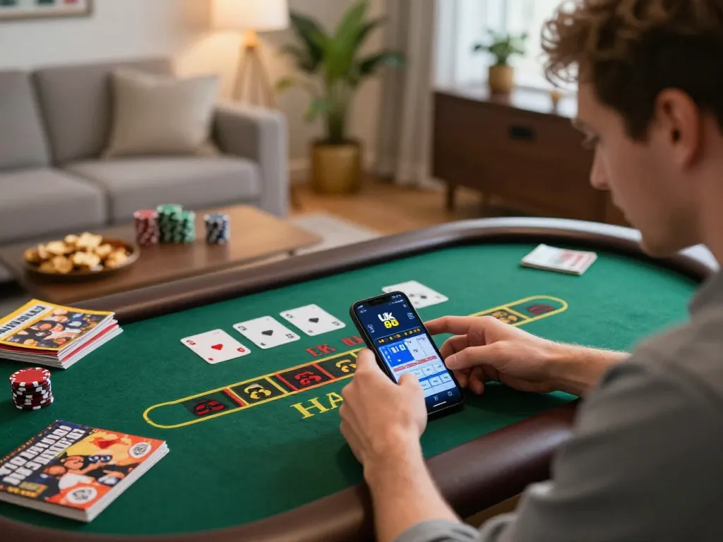 Player intensely strategizing on the Uk 88 casino app, capturing a thrilling online blackjack moment.