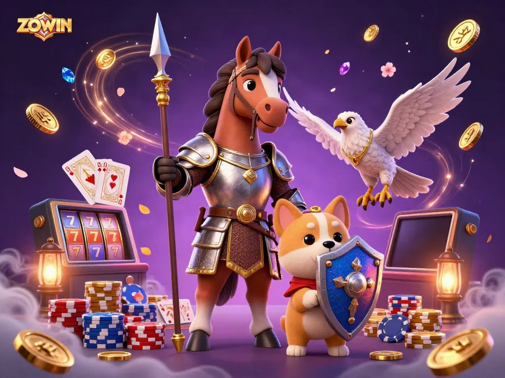 ZOWIN’s captivating casino scene with a knight and puppy surrounded by winning elements and gold