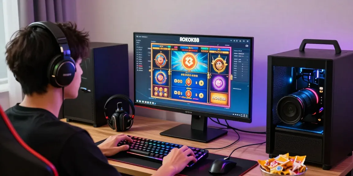 Player engaged in rokok88 slot login on vibrant gaming desktop.