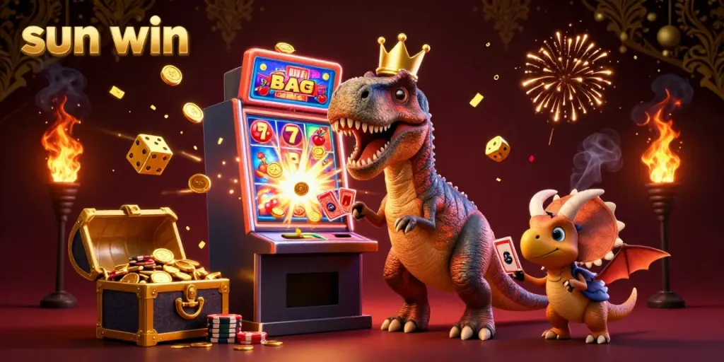 Engage with exciting slot games at sun win with a vibrant casino-themed digital illustration featuring characters and game elements.