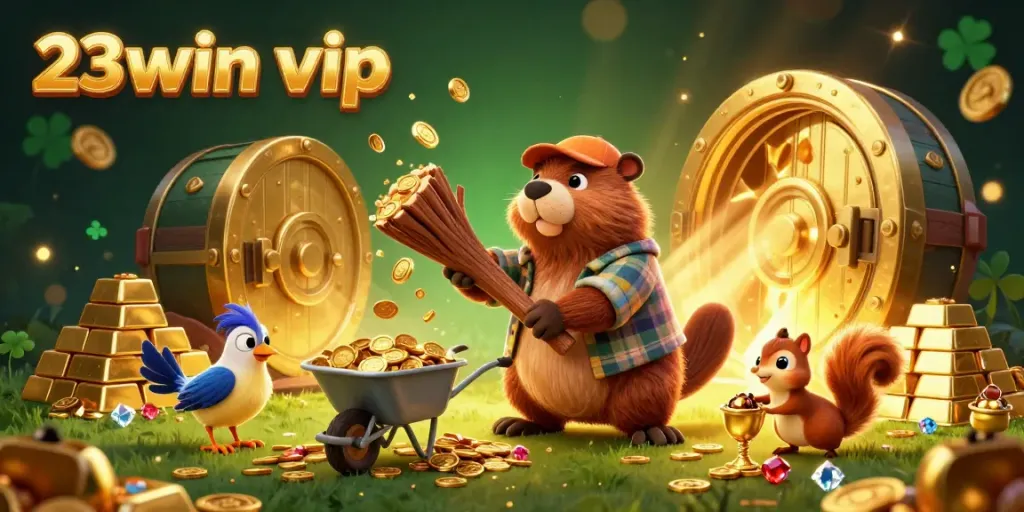 Engaging 23win vip gaming scene with colorful coins raining, cartoon characters stacking riches.