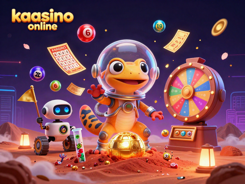 Experience the fun of kaasino online with a Martian gecko exploring a vibrant casino scene.
