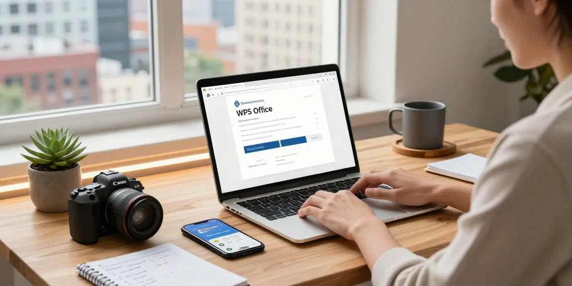 Download WPS Office on a sleek laptop in a modern home office with ambient lighting and productivity accessories.