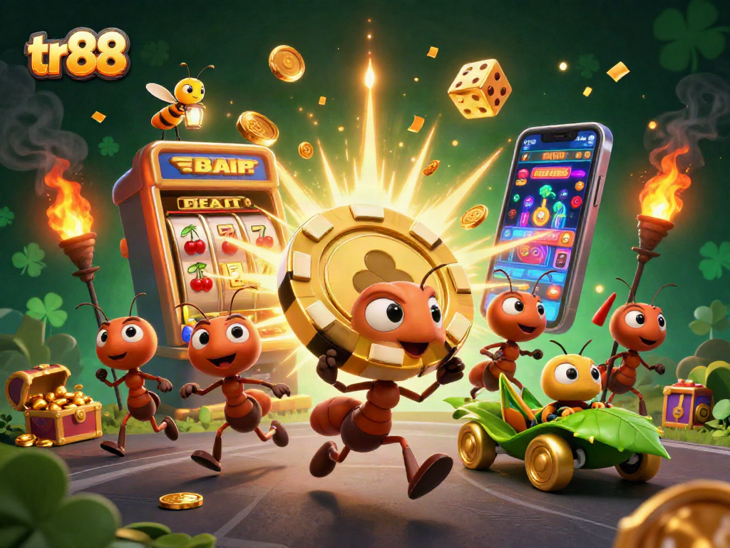 tr88 collage of ants and characters celebrating casino winnings with vibrant slots and golden tokens