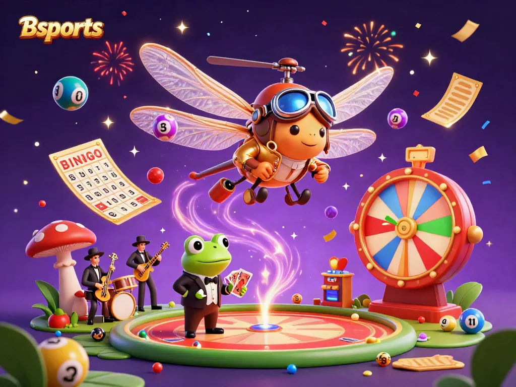 Experience thrilling moments at Bsports with an intricate 3D illustration of a lively casino scene featuring unique characters.