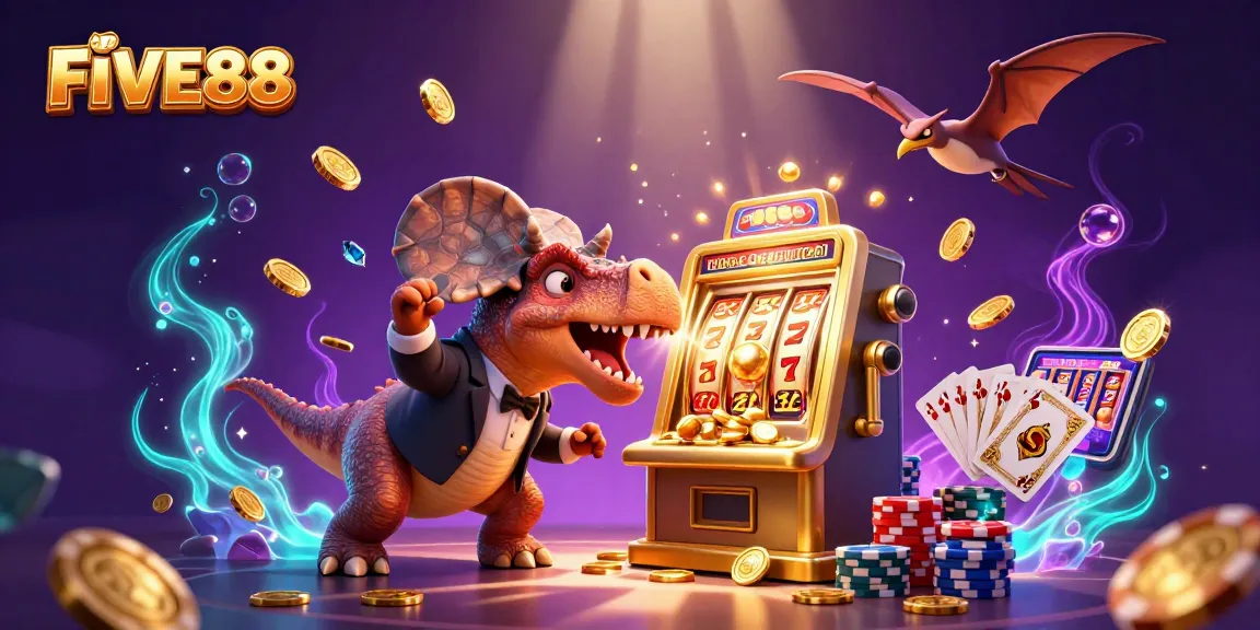 Experience exciting wins with FIVE88 as a dinosaur hits the jackpot at a lively casino.