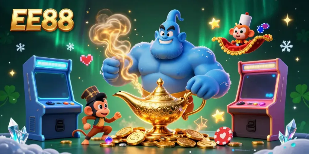 Experience thrilling gaming action at EE88 with a magical genie bursting forth along with poker chips.