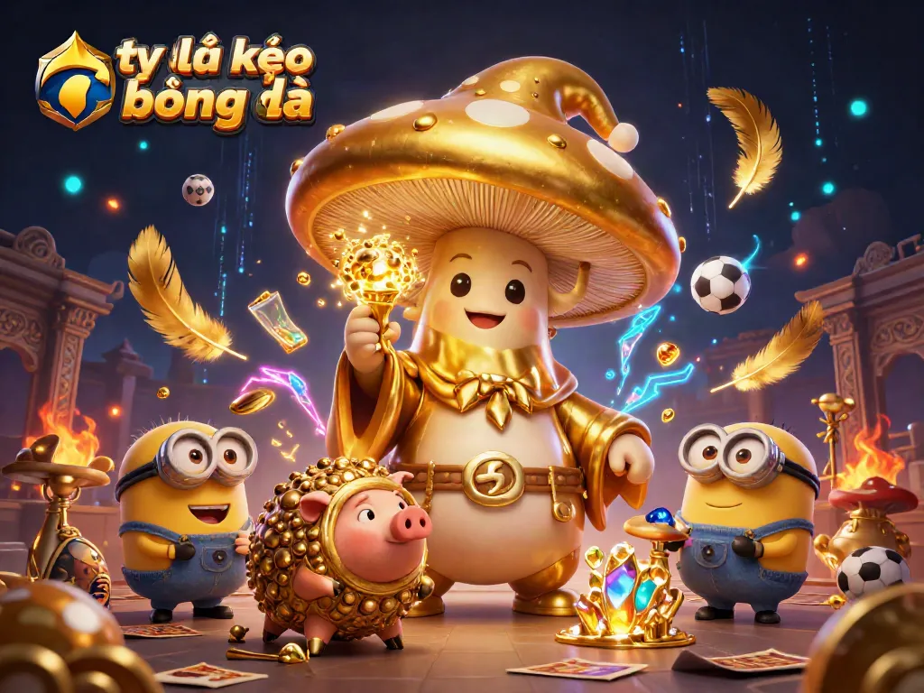 Engage with tỷ lệ kèo bóng đá through a vibrant 3D illustration featuring wizardry elements, sports trophies, and dynamic betting slips.