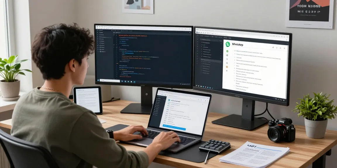 Developer using WhatsApp網頁版 at a modern workspace with dual monitors and a laptop.
