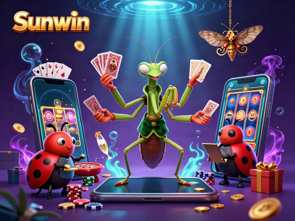 Engaging Sunwin gaming scene with a giant praying mantis dealer and vibrant slot game elements.