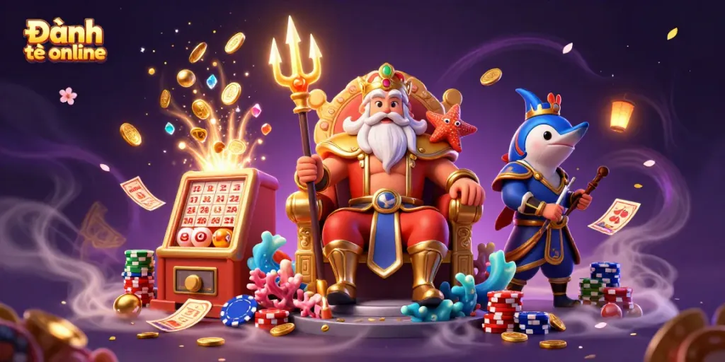 Experience Đánh đề online excitement with a vibrant 3D illustration of Neptune, Bingo cards, and colorful game elements.