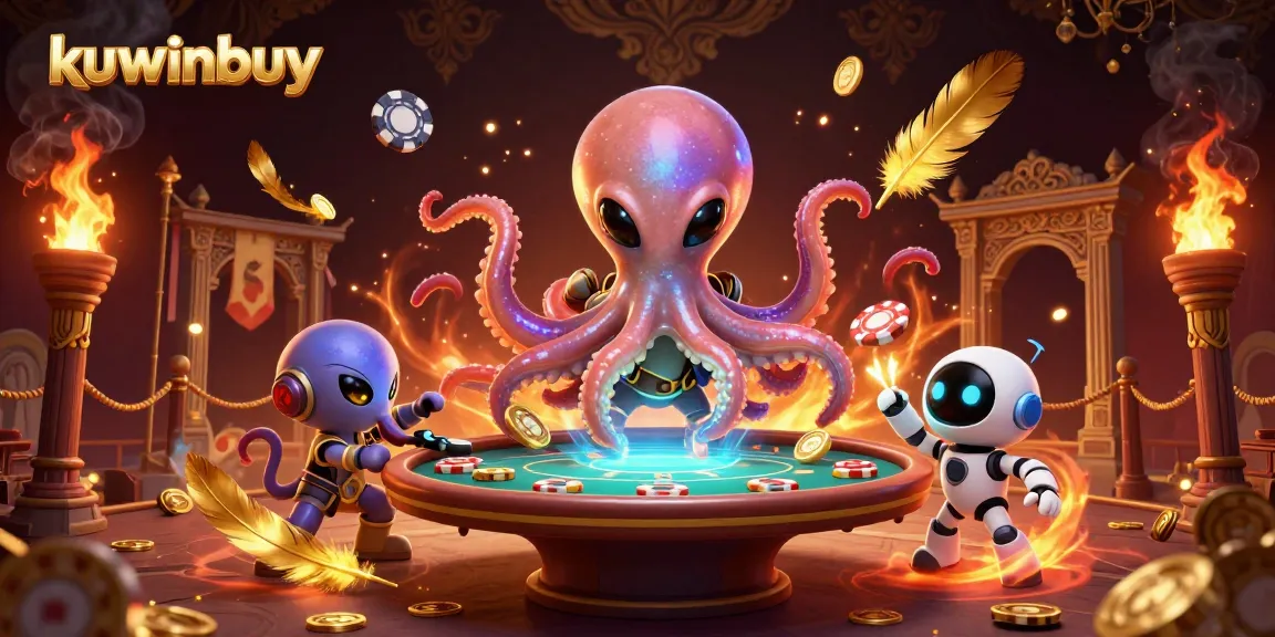 kuwinbuy showcases thrilling poker action with a vibrant alien octopus and robot amid swirling casino elements