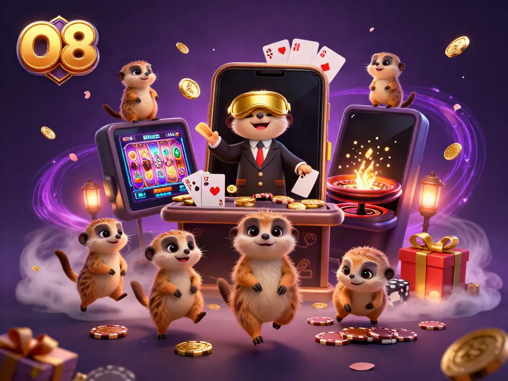 Engage in the vibrant O8 casino world with meerkats managing games, dynamic slot showcases, and lively table activities.