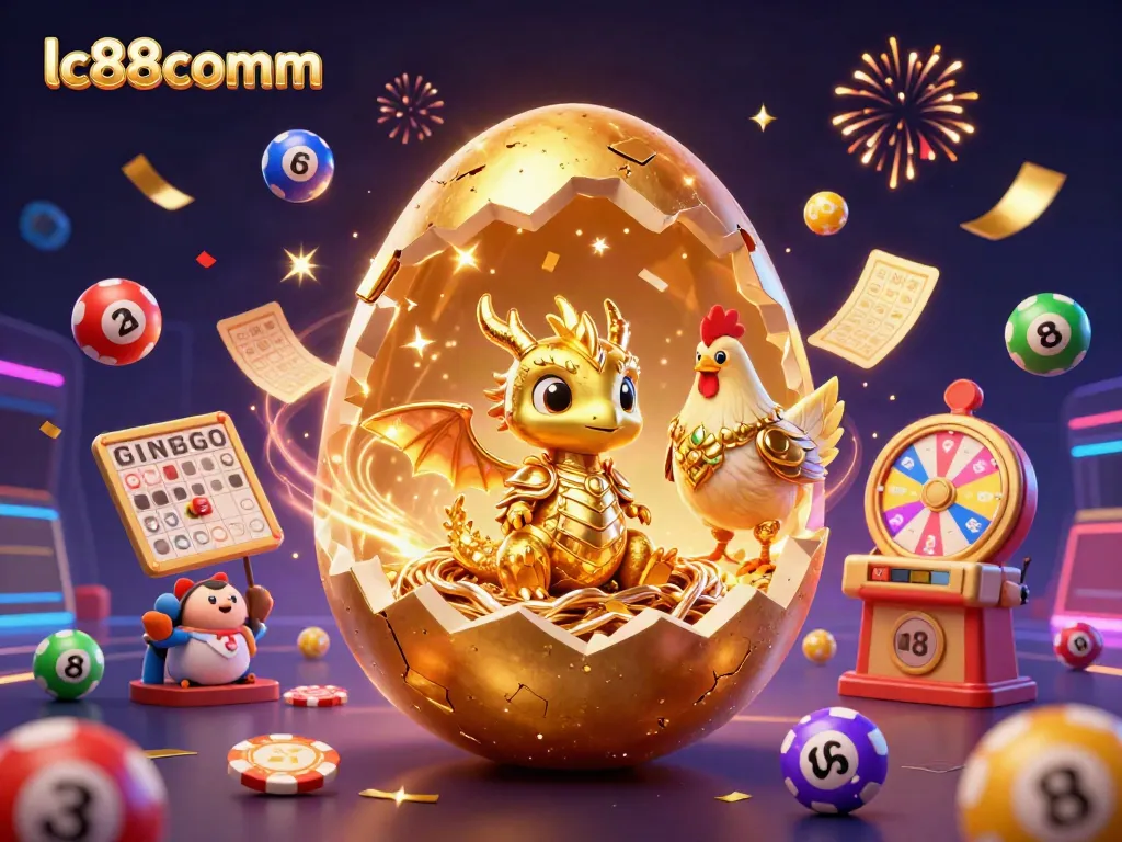 Join the excitement at lc88comm with a golden dragon on poker chips surrounded by dynamic lottery elements.