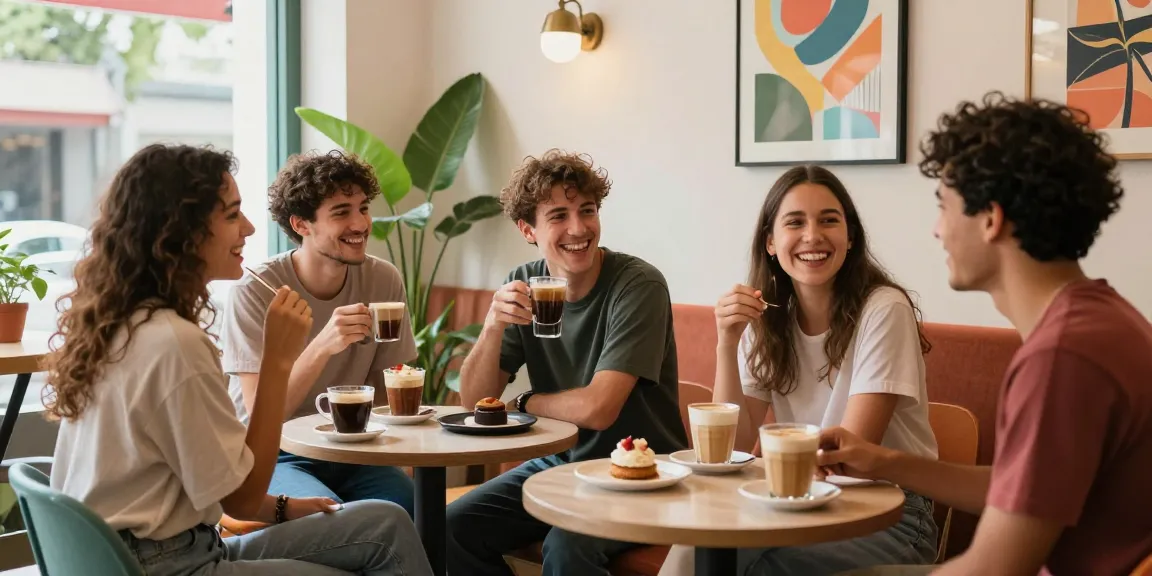 Friends enjoying coffee at rokok88 café with vibrant decor.