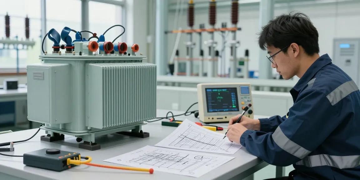 Technicus inspecteert een substation distributietransformator in een industriële werkplaats.