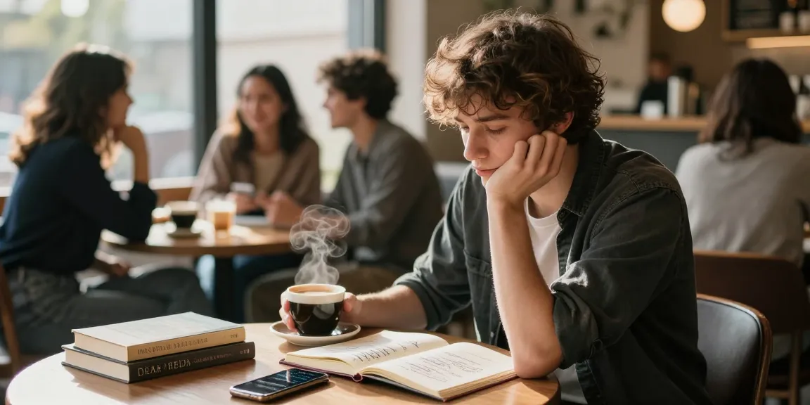 Engaging cafe scene illustrating rokok88 login themes of vulnerability and connection, with a young adult reflecting on life's challenges.