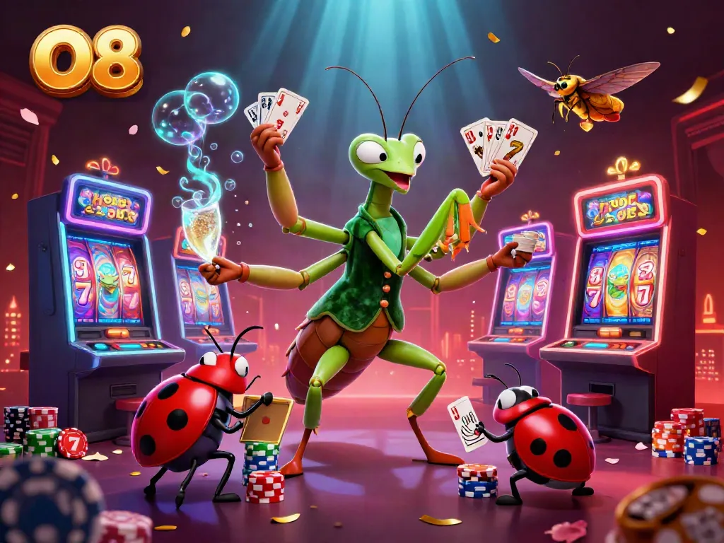 O8 displays thrilling slot machines with vibrant lights and cards dealt by a giant mantis for casino enthusiasts.