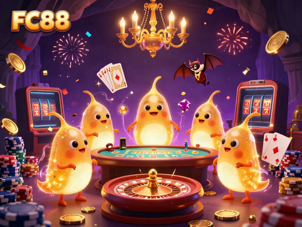 Experience the vibrant gaming world of FC88 with enchanting glowworms illuminating a lively cave casino.